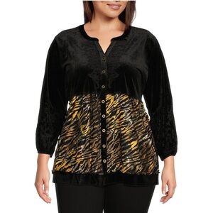 Calessa Tunic Top Plus Size 2X Black Embroidered Velvet Sheer Animal Print NEW